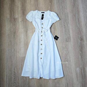 Lulus White Linen Cotton Puff Sleeve Midi Dress Button Small New With Tags Stain